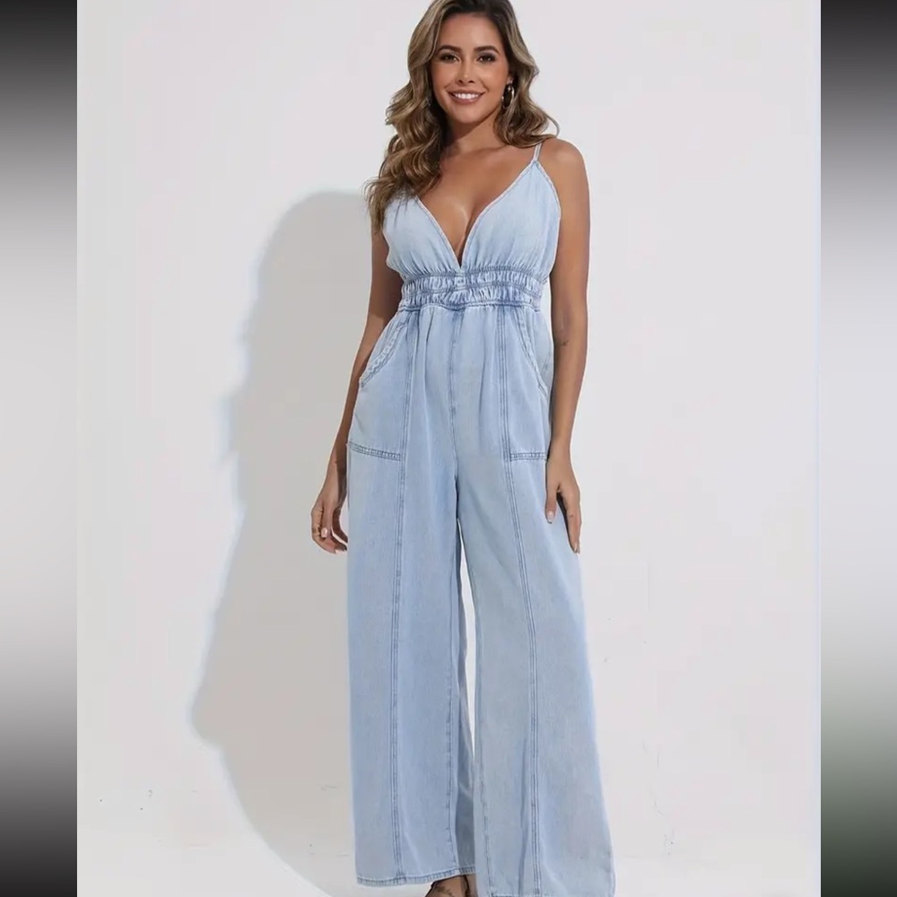 Denim jumpsuit blue acid wash pocket ruched stylish overall - Picture 4 of 6